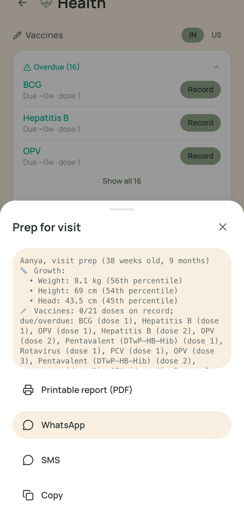 One-tap doctor-visit prep summary with growth, vaccines due and share options
