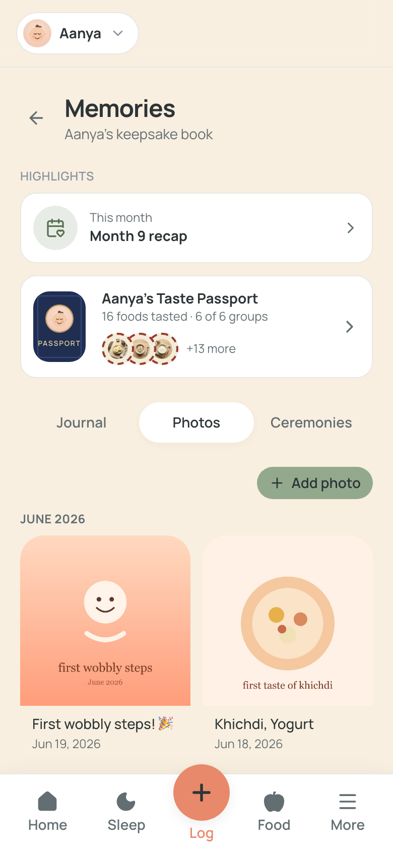 Month-grouped memories gallery with milestone and meal photos