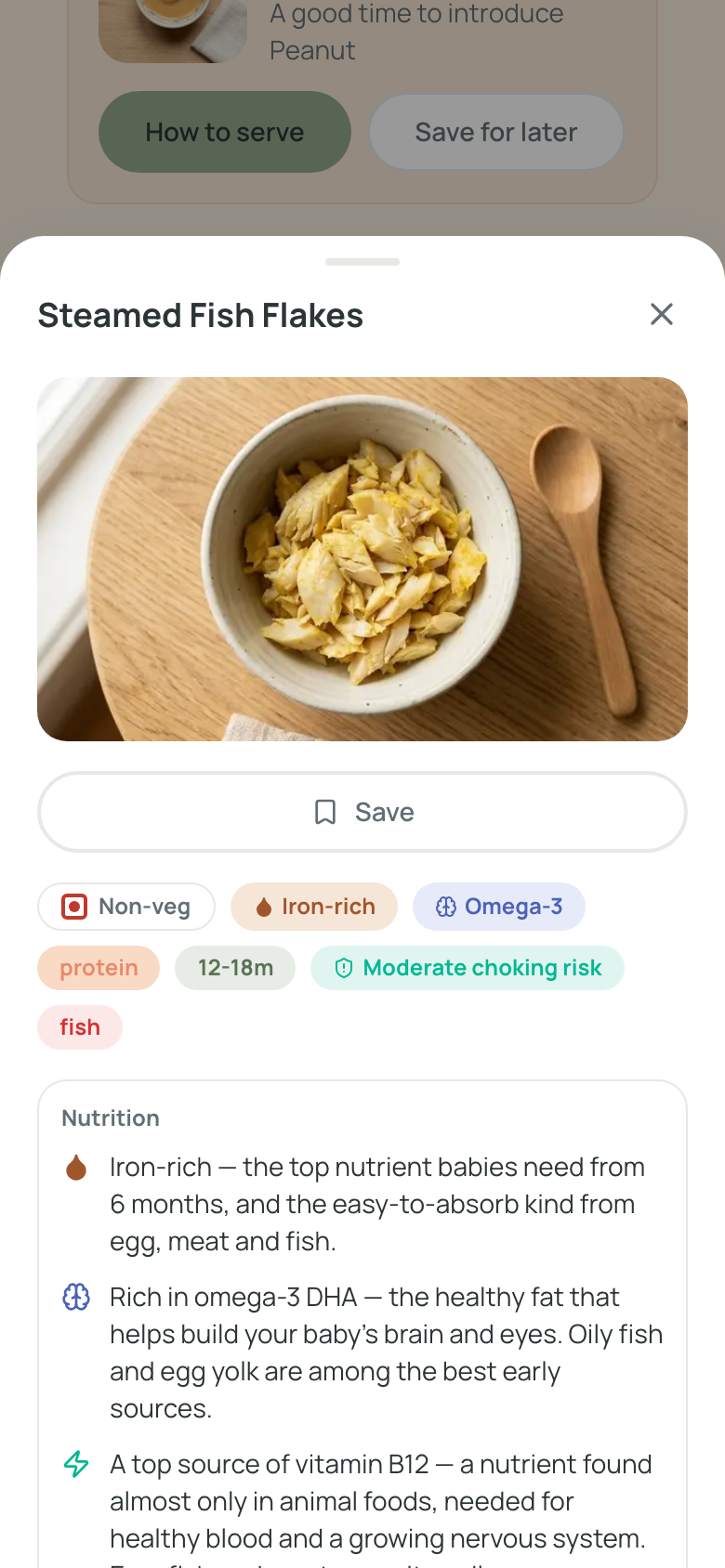 A food's grouped Nutrition guidance: iron, omega-3, and how often to offer it