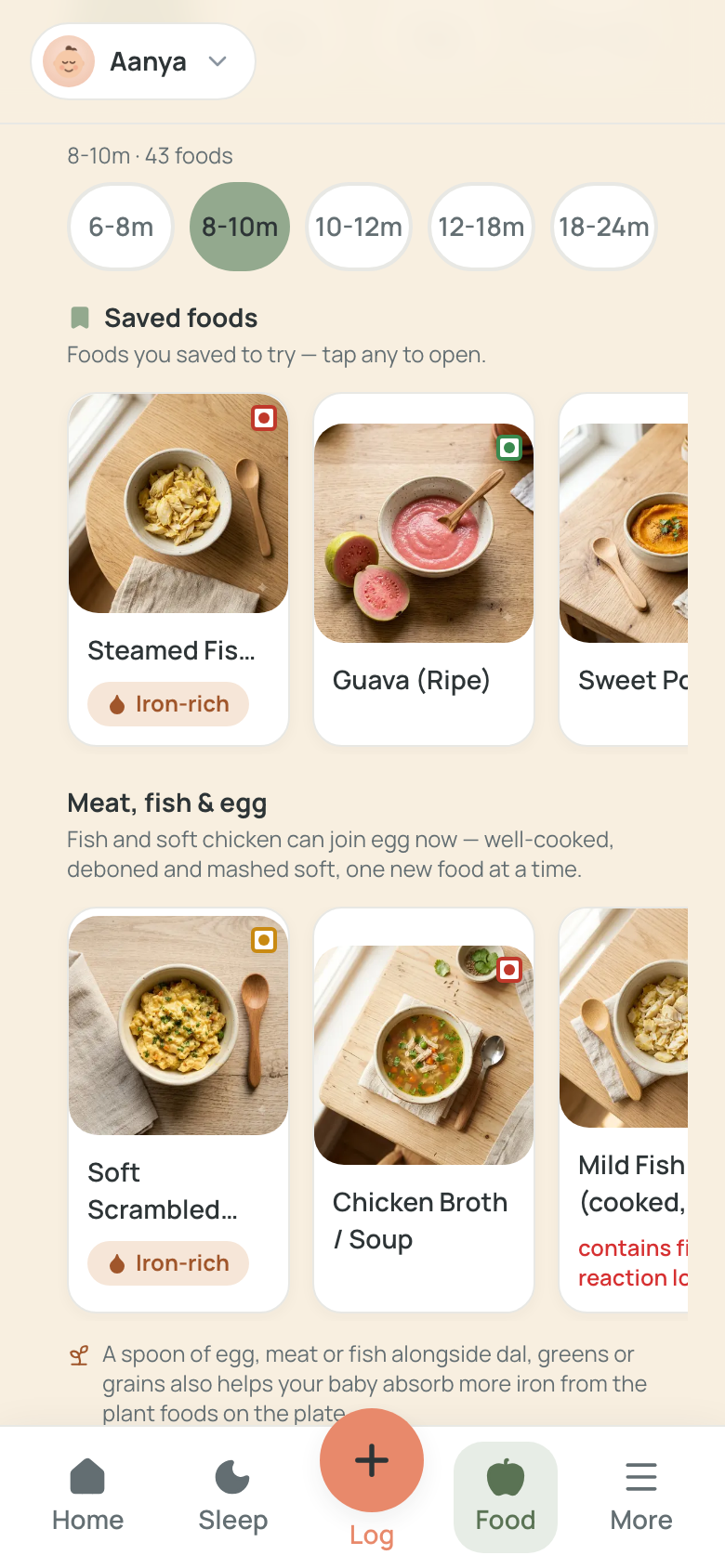A 'Saved foods' shortlist row pinned to the top of the food guide