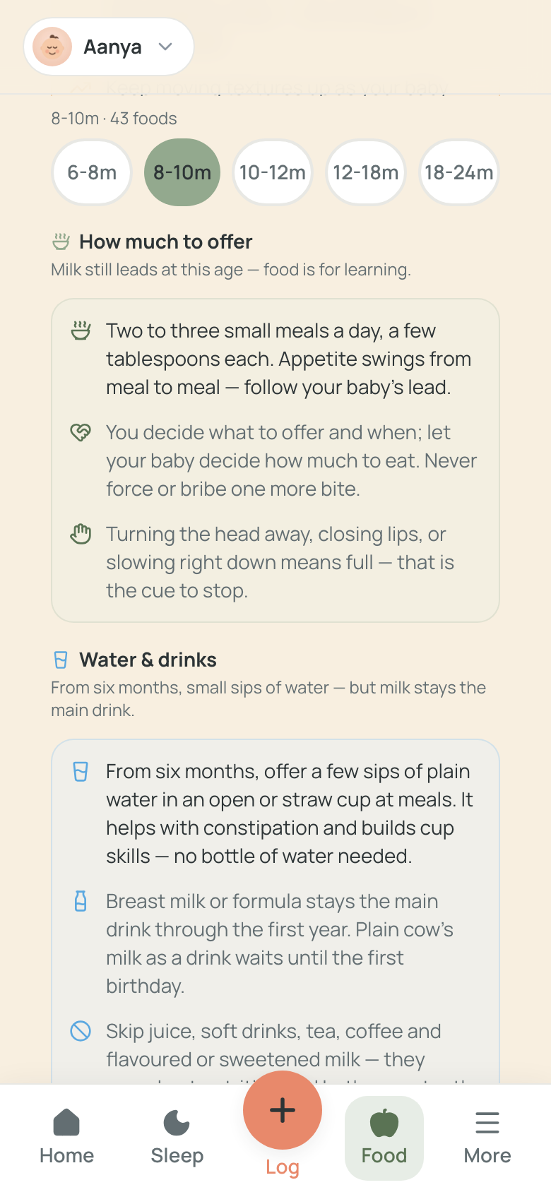 A stage-aware 'how much to offer' portion card in the food guide