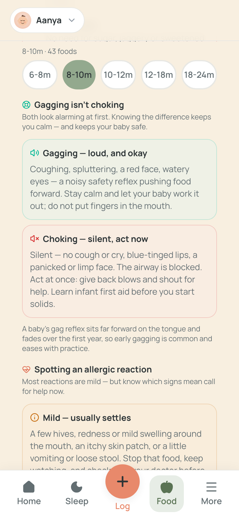 A two-tone 'gagging isn't choking' safety card in the food guide