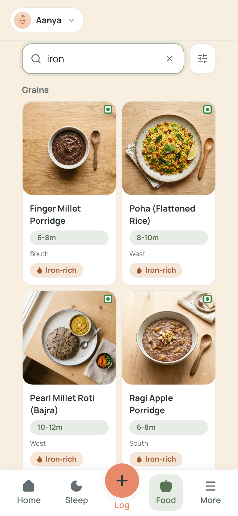 Searching 'iron' surfaces every iron-rich food, each with its rust-coloured chip