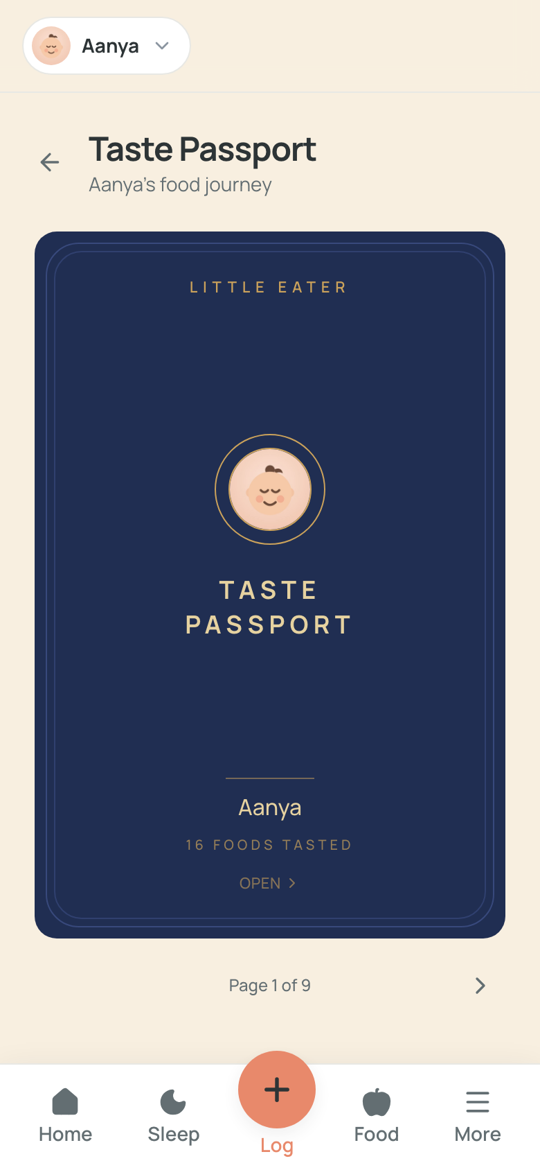 The Taste Passport cover — a navy, gold-embossed passport booklet with a foil crest, 'Little Eater', the baby's name and food count, and an 'Open' prompt