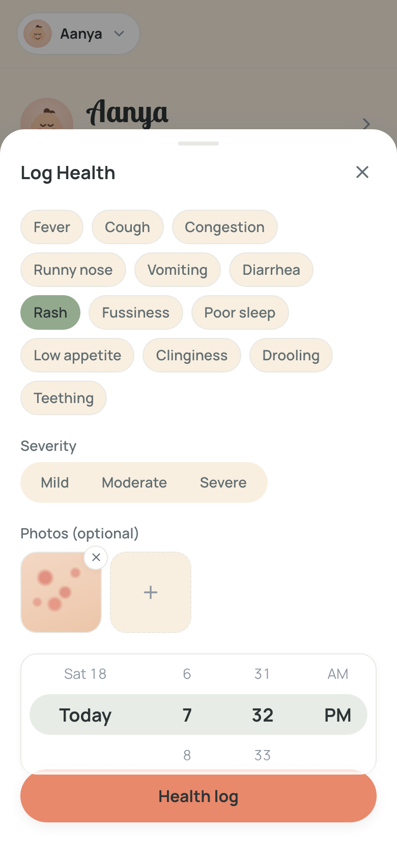 Log Health sheet with a rash symptom selected and a symptom photo attached