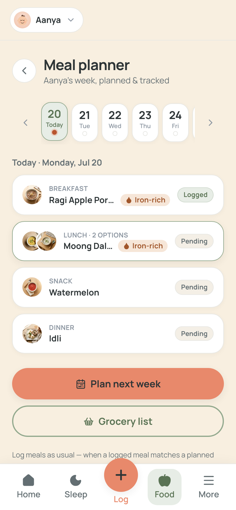 The weekly meal planner: a week strip with adherence dots and the day’s four planned meal slots led by food photos, one ticked off as Logged and one holding two food options