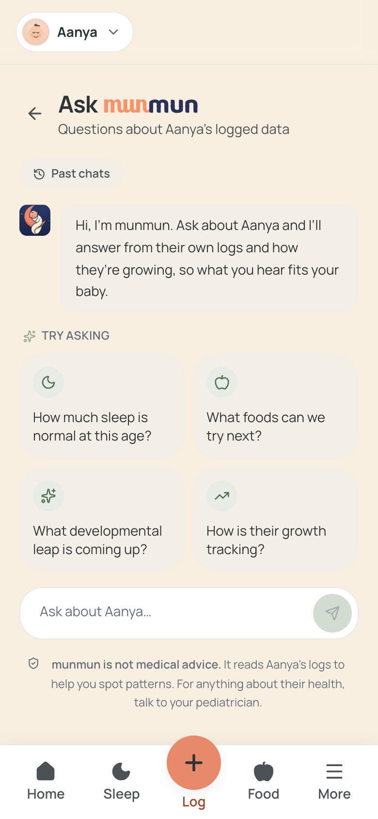 Ask munmun chat with a not-medical-advice banner and suggested questions