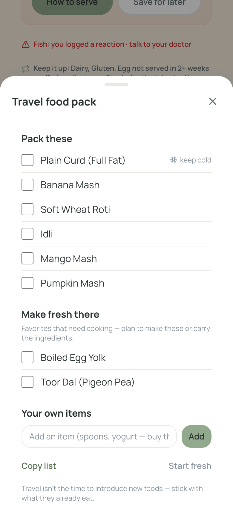 The Travel food pack checklist, opened from the food page's compact Travel pack tile: a baby's proven favourites split into "Pack these" and "Make fresh there", each row with a tick box