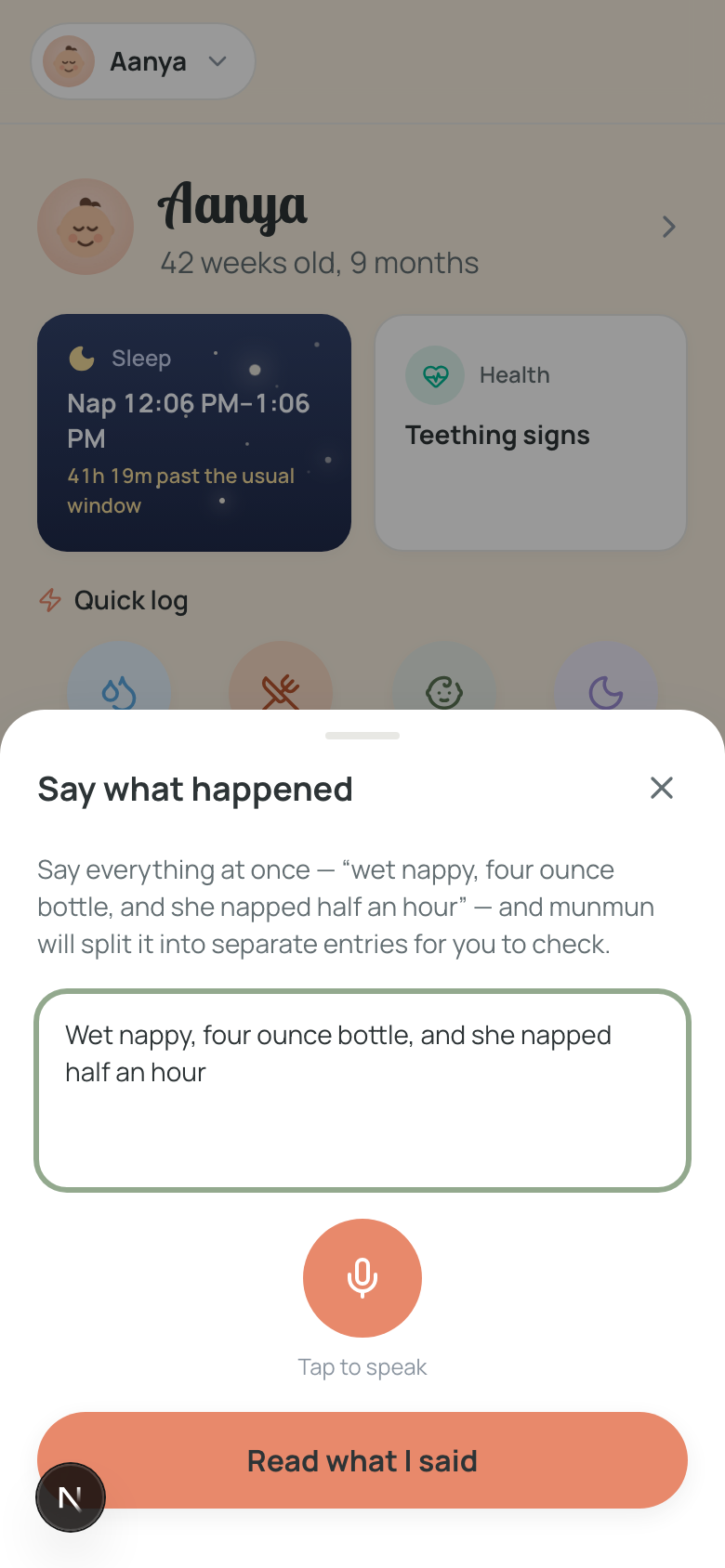 Voice logging sheet with a spoken sentence ready to be split into entries
