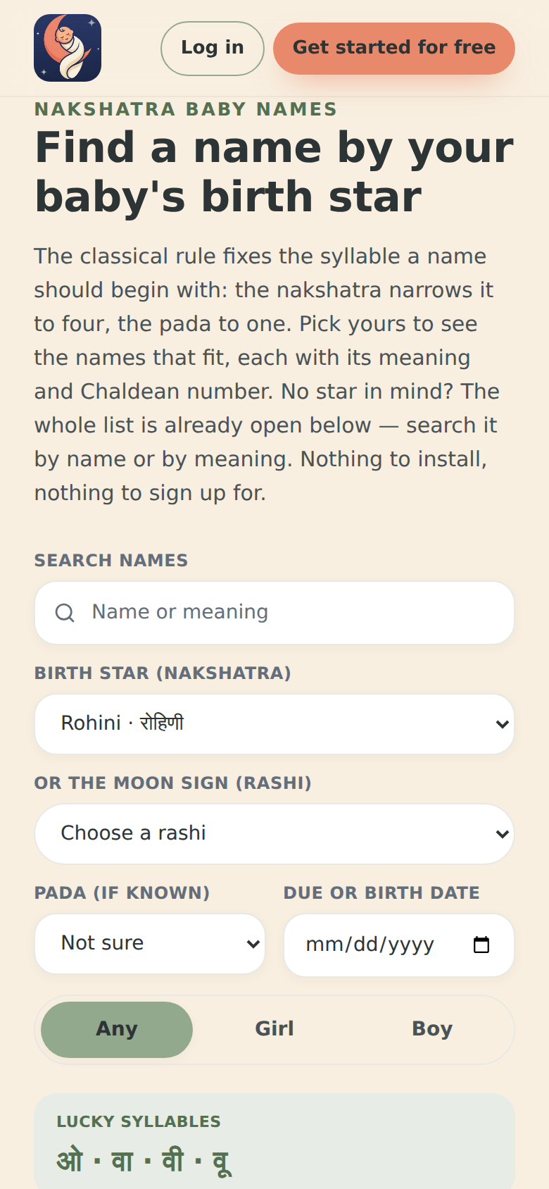 The public munmun name finder in the marketing chrome: a “Find a name by your baby’s birth star” headline over a “Search names” box, the nakshatra, rashi, pada and due-date pickers with Rohini chosen, and the lucky syllables ओ · वा · वी · वू below them