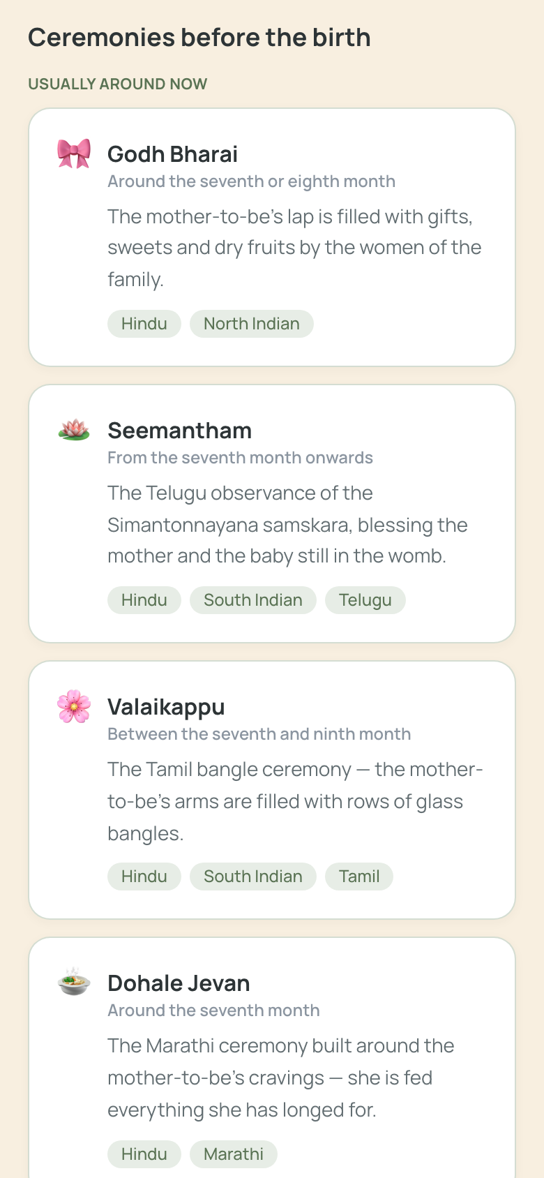The pregnancy ceremonies list on the munmun expecting page: Godh Bharai, Seemantham, Valaikappu and Dohale Jevan under a “Usually around now” heading, each with its emoji, its timing, a plain description and its tradition labels: Hindu, North Indian, Telugu, Tamil, Marathi