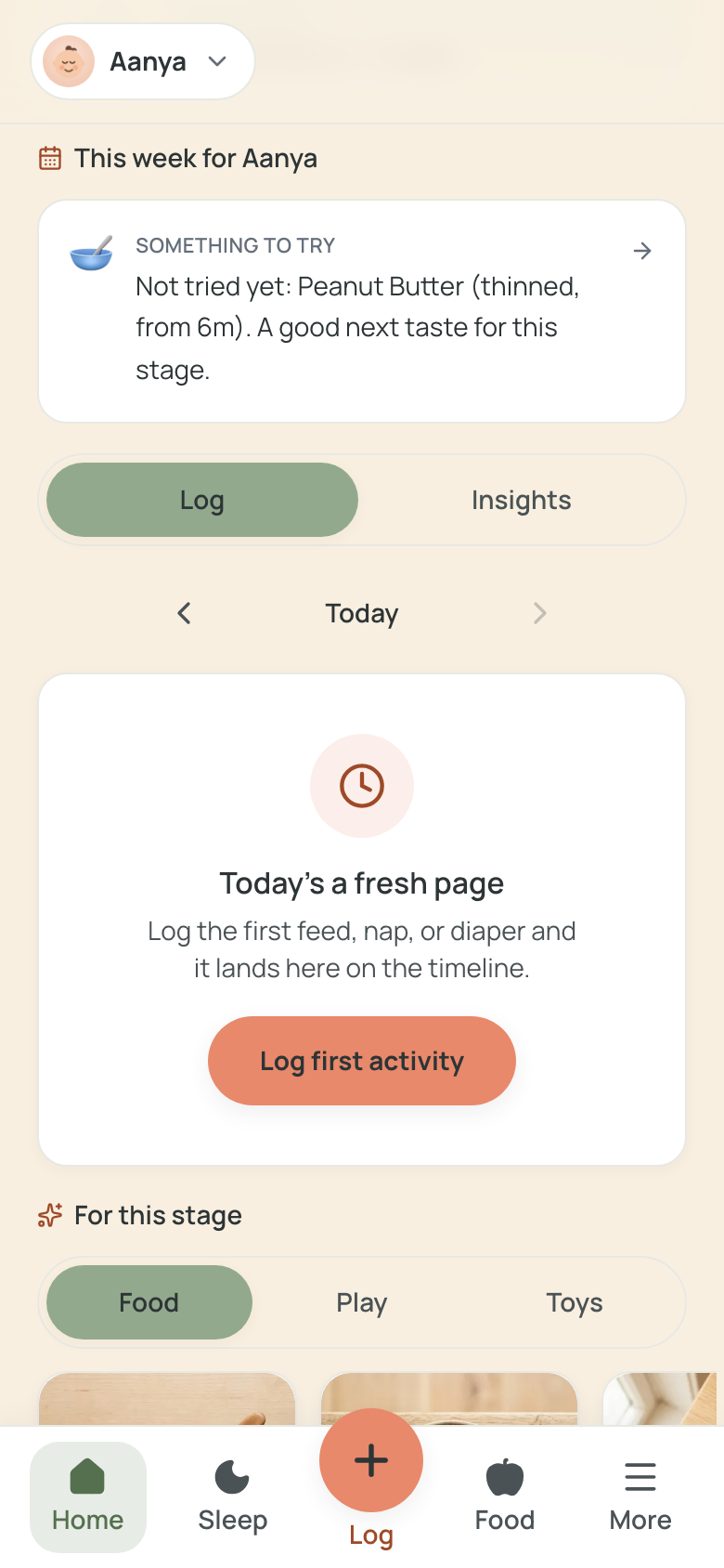 The home screen daily tip: a "Something to try" line suggesting a not-yet-tried food above the day's timeline