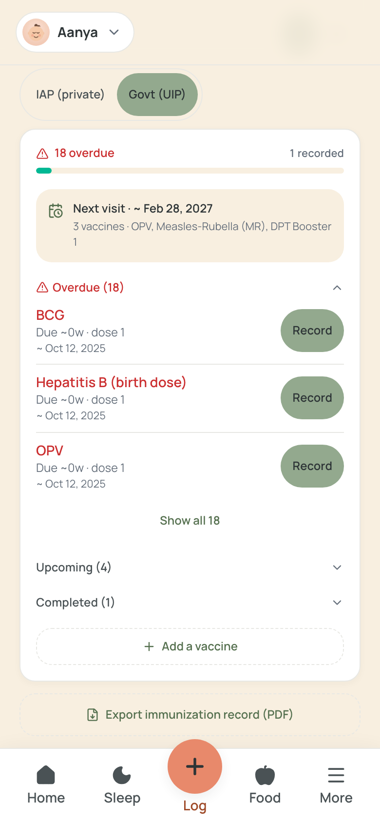 The vaccine tracker switched to Govt (UIP): the IAP (private) / Govt (UIP) pill row above the tracker showing the government list (a single Hepatitis B birth dose, Measles-Rubella (MR) in the next-visit line) with Record buttons, an Add a vaccine card and the Export immunization record (PDF) button