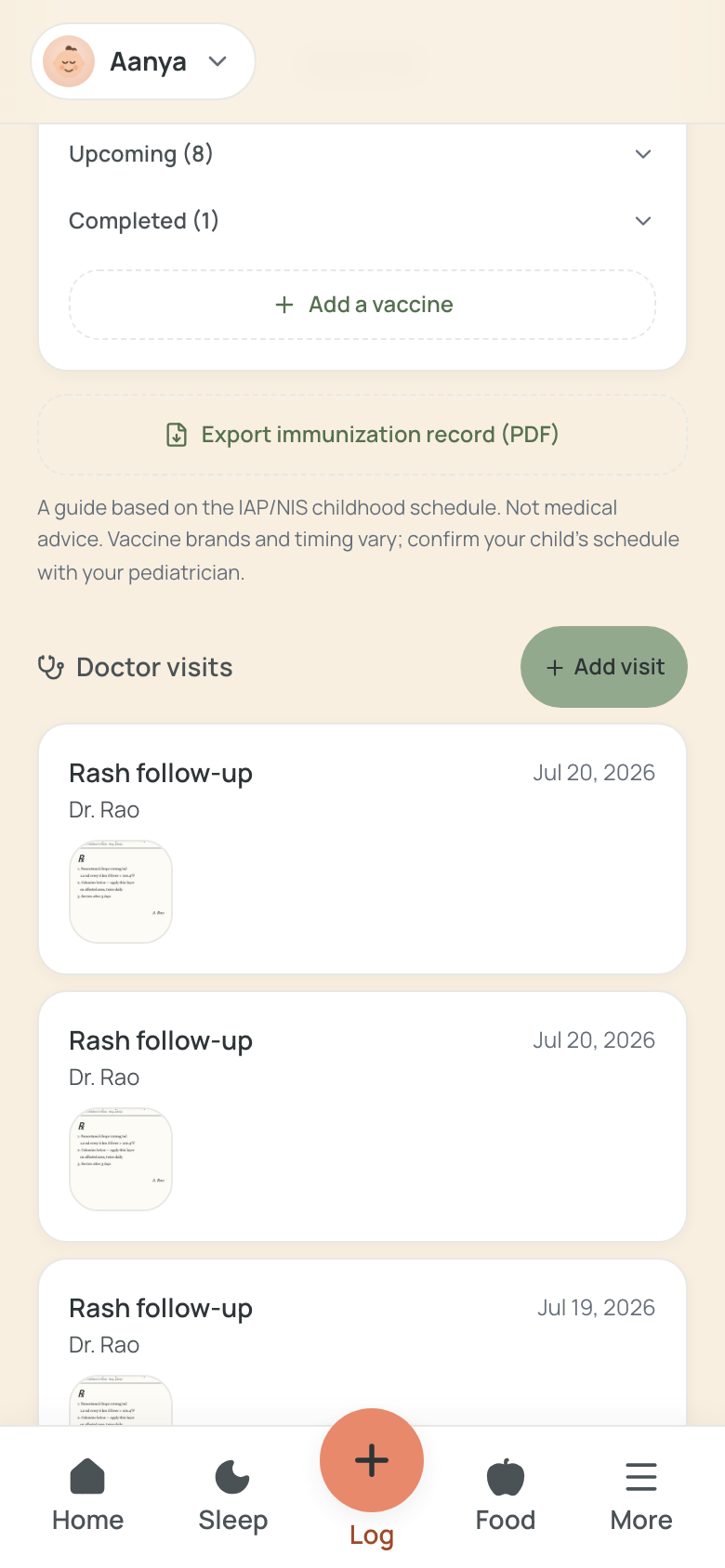 The bottom of the vaccine tracker: Upcoming and Completed dose groups folded to counts, the dashed Add a vaccine card, and the Export immunization record (PDF) button beneath the tracker