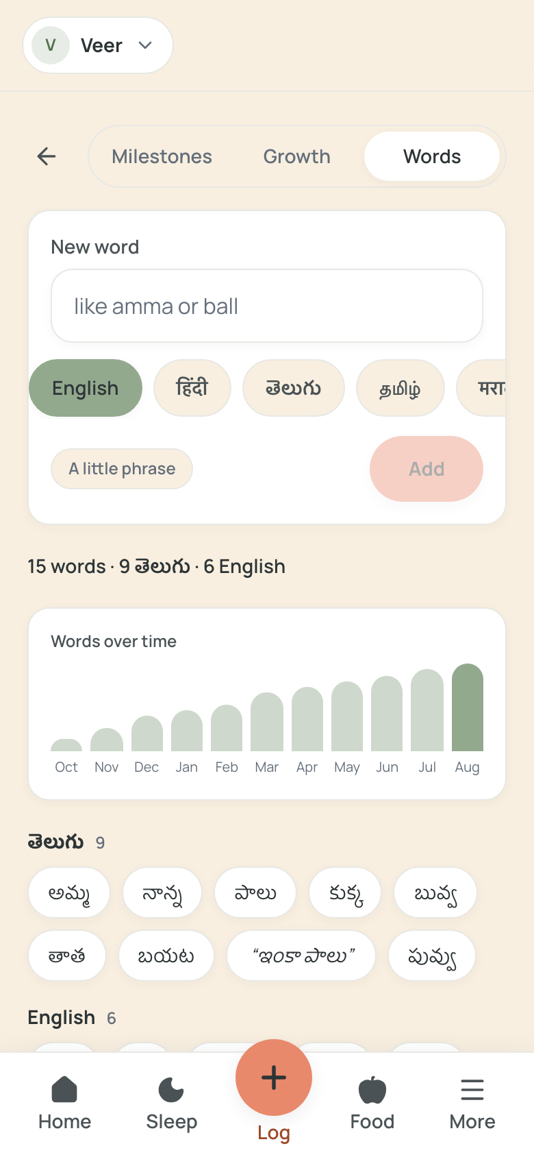 The Word Book tab on Milestones: a New word input with language pills for English, Hindi, Telugu, Tamil and Marathi, a tally reading "15 words · 9 Telugu · 6 English", and a rising words-over-time chart